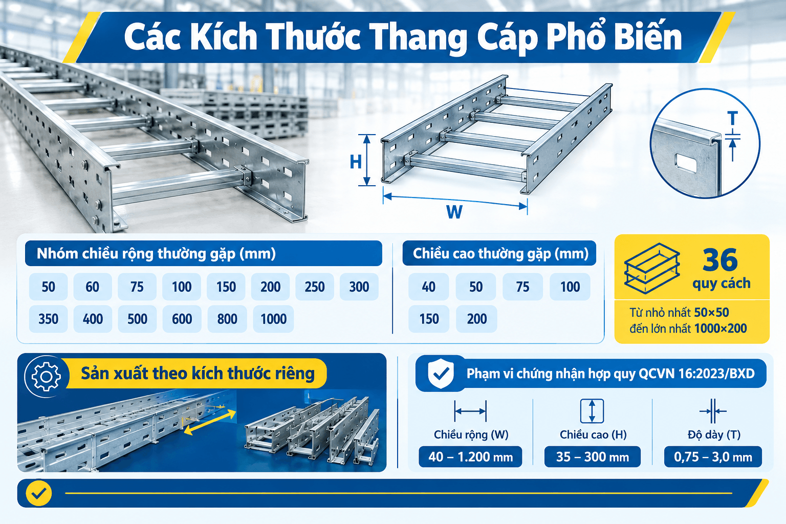 Thang cáp điện 2DE có nhiều quy cách chiều rộng, chiều cao và độ dày, đáp ứng nhu cầu lắp đặt từ tuyến cáp nhỏ đến hệ thống công nghiệp.
