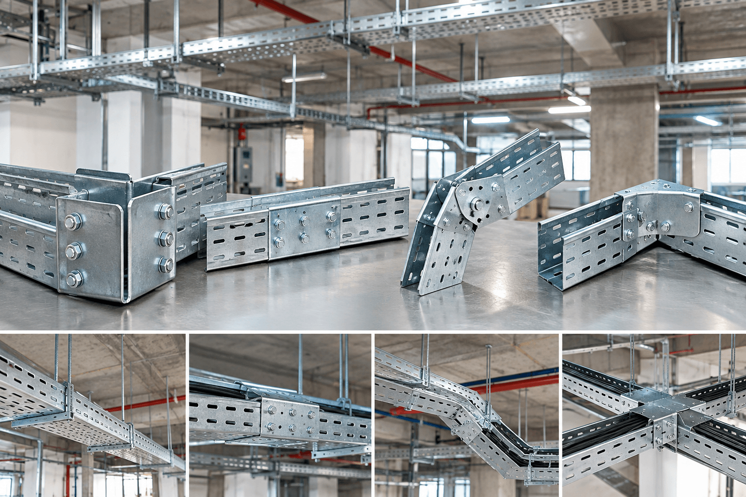 Các loại nối máng cáp thông dụng gồm nối dạng chữ U, nối thẳng, nối xoay dọc và nối xoay ngang, được lựa chọn tùy theo kết cấu tuyến máng, tải trọng và điều kiện thi công thực tế.