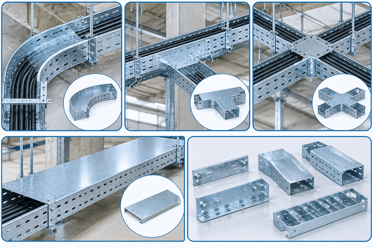 Các loại phụ kiện máng cáp mạ kẽm nhúng nóng gồm co, ngã ba T, chữ thập X, nắp phụ kiện và thanh chia