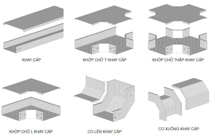 Nhiều loại phụ kiện máng cáp với kích thước khác nhau