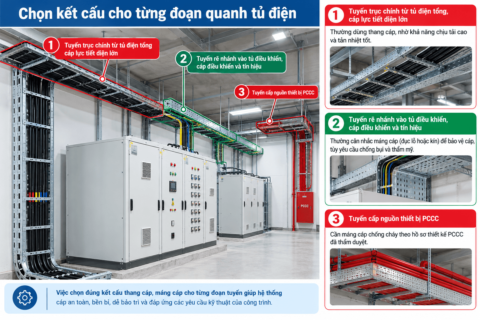 Thang cáp thường dùng cho tuyến trục chính mang cáp lực tiết diện lớn; máng cáp phù hợp với các tuyến rẽ nhánh vào tủ điều khiển, còn tuyến cấp nguồn thiết bị PCCC cần lựa chọn kết cấu chống cháy theo hồ sơ thiết kế đã thẩm duyệt.