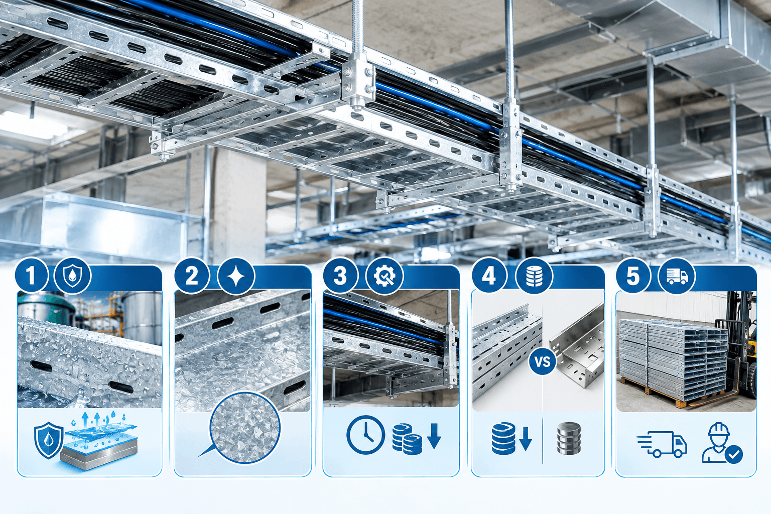Máng cáp mạ kẽm nhúng nóng có khả năng chống ăn mòn tốt, bền và phù hợp với nhiều môi trường lắp đặt.