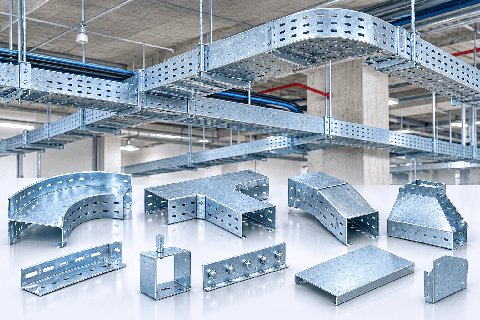 Tuyến máng cáp mạ kẽm nhúng nóng cùng các phụ kiện chuyển hướng và phân nhánh dùng để lập dự toán
