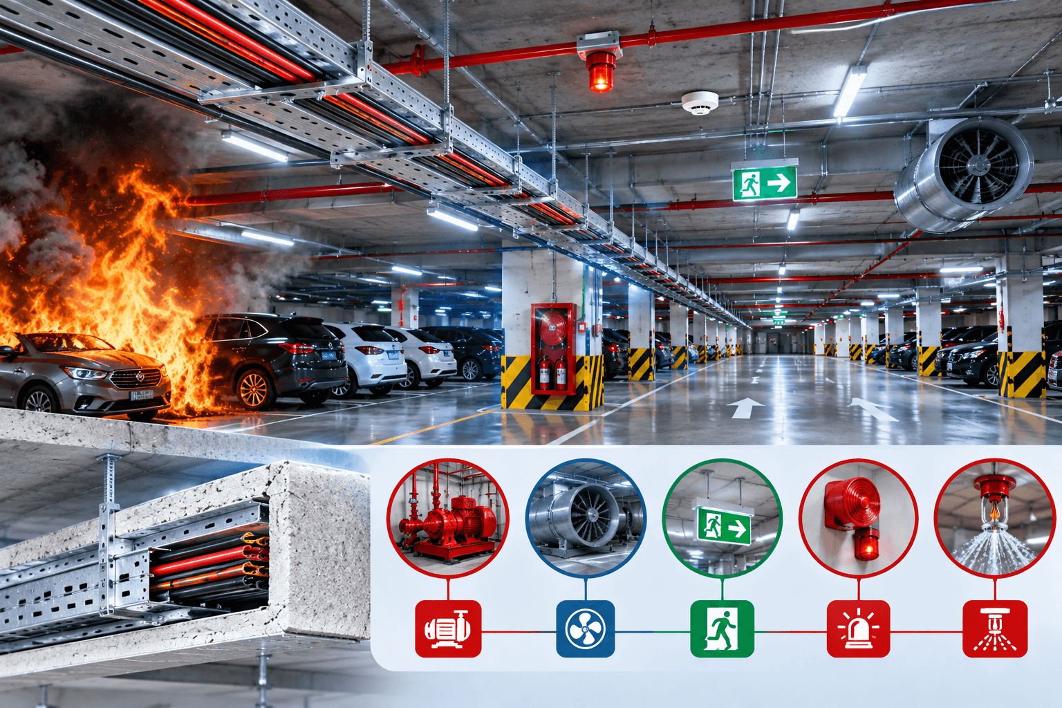 Máng cáp chống cháy bảo vệ hệ thống cáp điện PCCC trong tầng hầm để xe, nơi tập trung nhiều nguồn nguy cơ cháy và có không gian kín khó thoát khói.