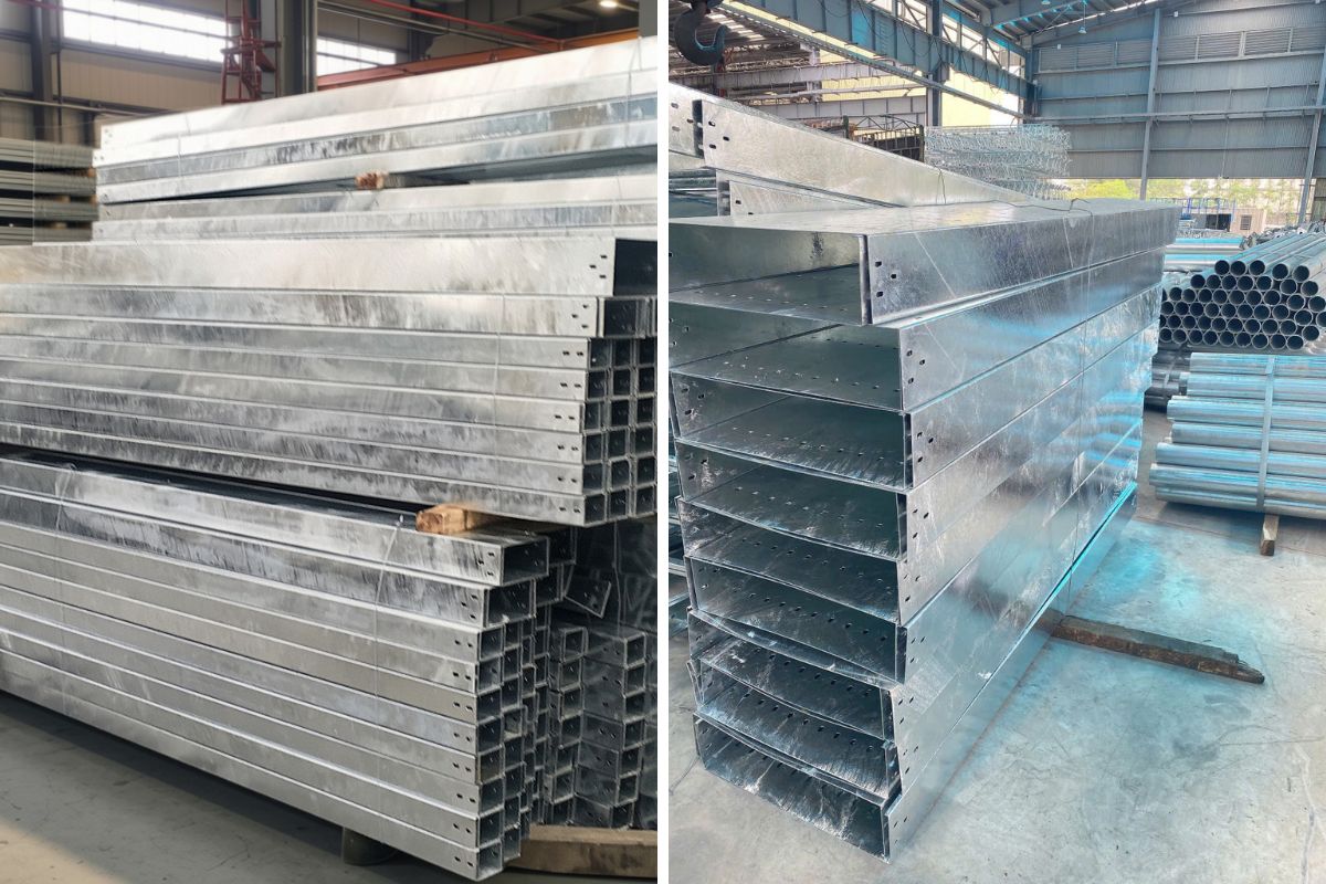 Máng cáp mạ kẽm nhúng nóng có lớp kẽm bảo vệ bề mặt, phù hợp với môi trường ngoài trời và ăn mòn cao.