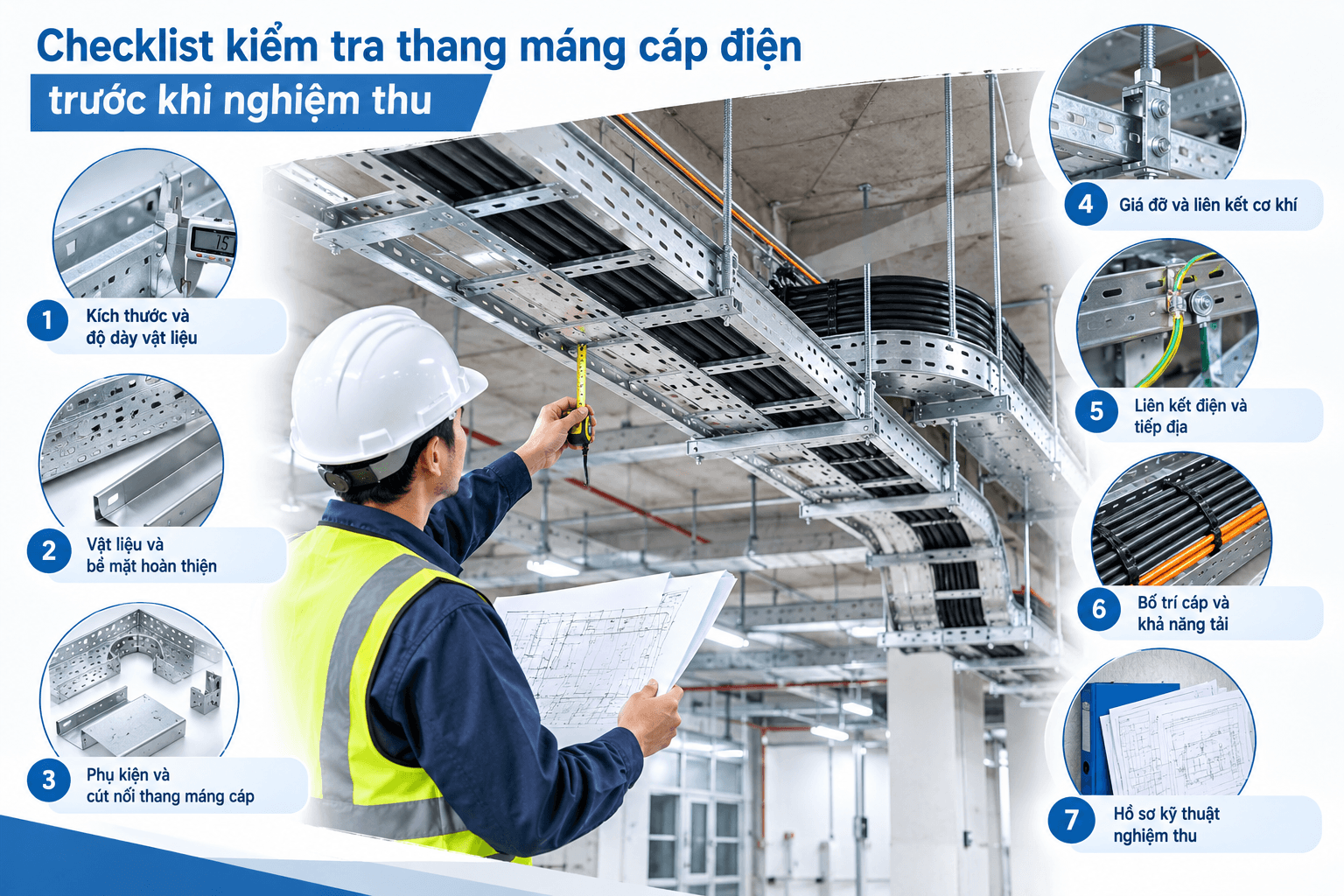 Nghiệm thu thang máng cáp cần đối chiếu hồ sơ kỹ thuật, tiêu chuẩn áp dụng và hiện trạng lắp đặt thực tế trước khi đưa hệ thống vào vận hành.
