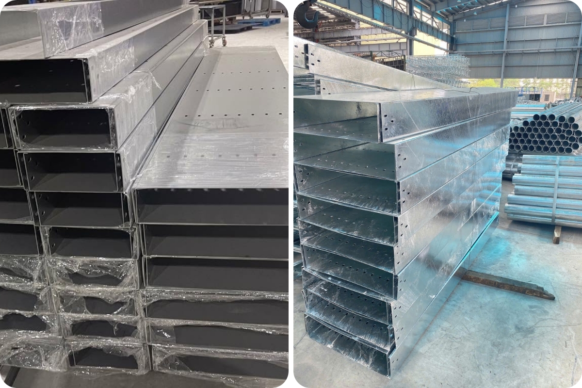 Máng cáp mạ kẽm điện phân có lớp phủ mỏng, sáng bóng; mạ kẽm nhúng nóng có lớp kẽm dày hơn và phù hợp môi trường ăn mòn