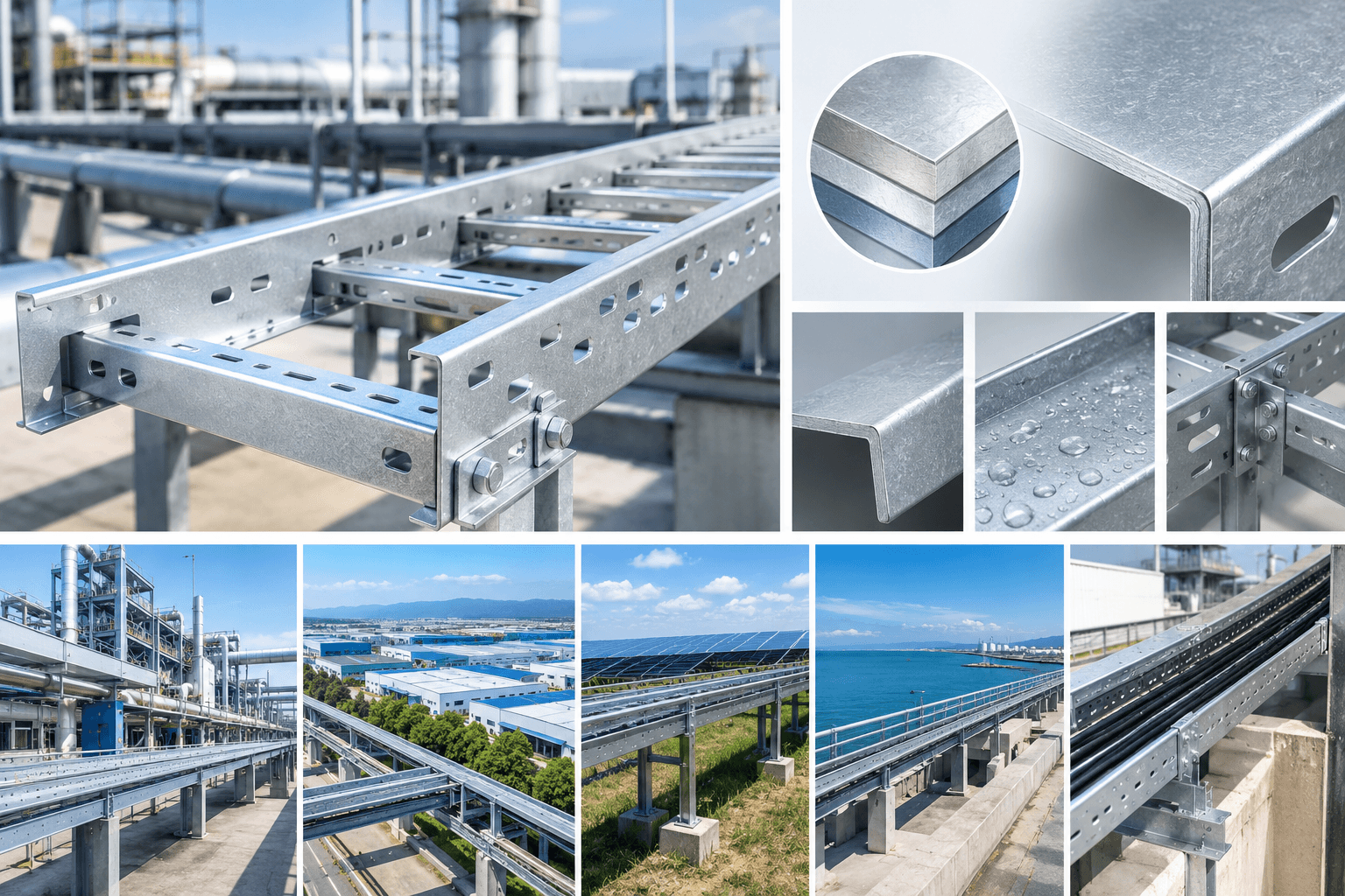 Thang cáp ZAM được gia công từ thép phủ hợp kim kẽm – nhôm – magie, tạo lớp bảo vệ bề mặt và tăng khả năng chống ăn mòn.