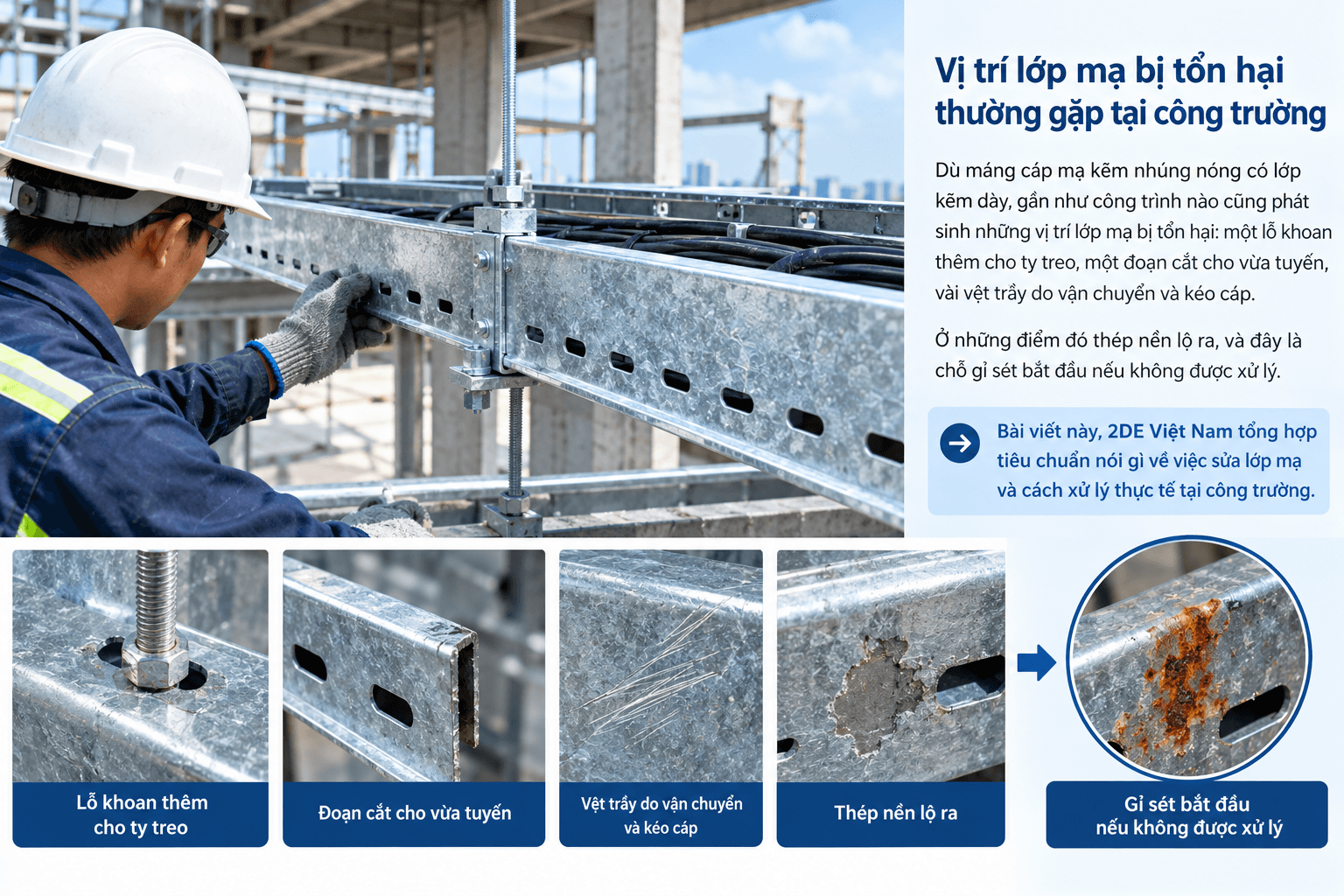 Các vị trí trầy xước, cắt hoặc khoan trên máng cáp mạ kẽm nhúng nóng cần được kiểm tra và xử lý phù hợp để bảo vệ phần thép nền bị lộ, hạn chế nguy cơ ăn mòn tại công trường.